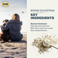 Person sitting on a beach with a dog, next to text about bovine colostrum key ingredients and NASC logo.