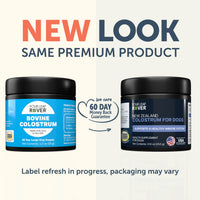 Two containers of Four Leaf Rover colostrum for dogs with text indicating a new look and same premium product.