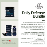Promotional graphic for the Grand Dog Daily Defense Bundle, featuring a jar of honey mummified capsules, a boxed and bottle version of sea green lipped mussel oil, and text describing the bundle's benefits on a white and light green background.