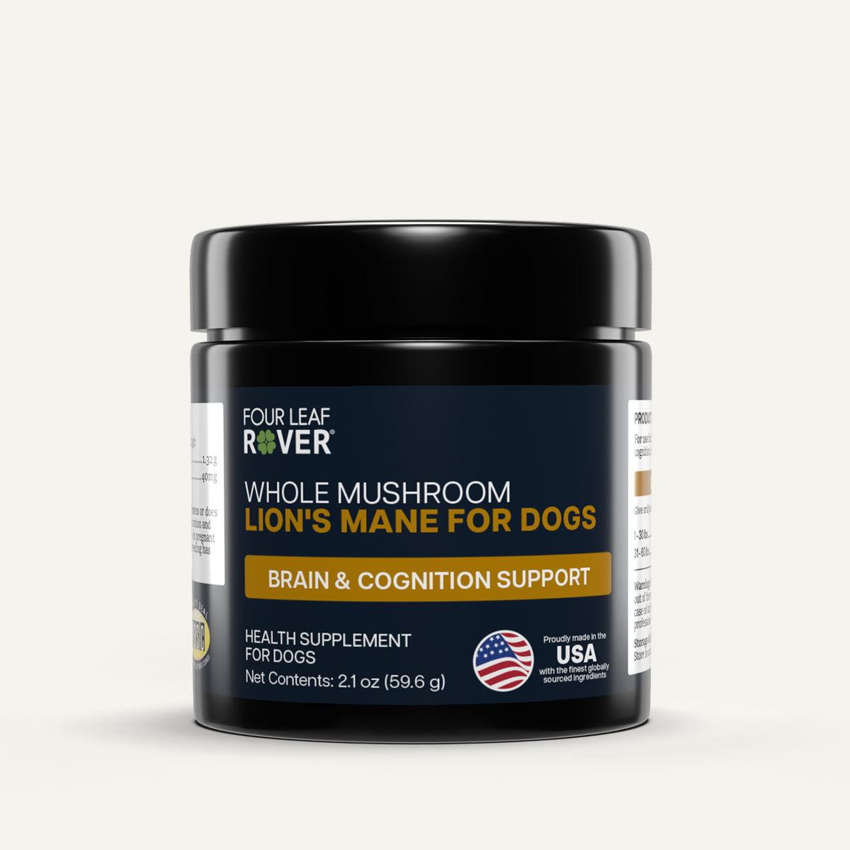 Supplement jar for dogs with 'Four Leaf Rover' branding on a white background