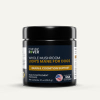 Supplement jar for dogs with 'Four Leaf Rover' branding on a white background