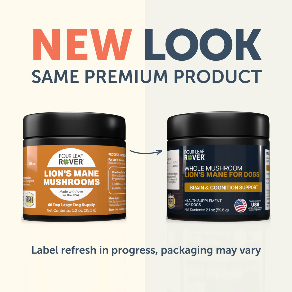 Two containers of Four Leaf Rover Lion's Mane Mushrooms for dogs with text indicating a new look and same premium product.