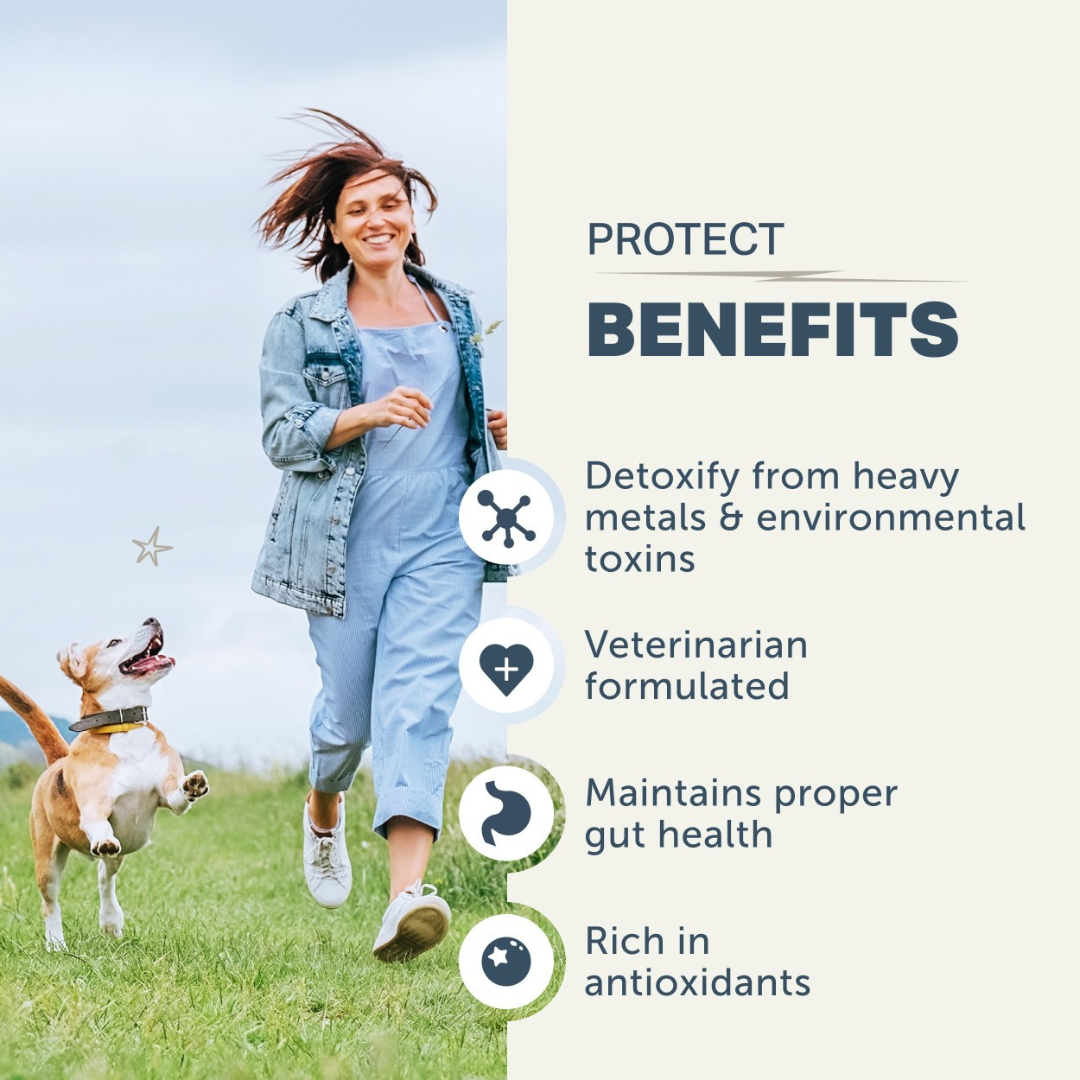 Woman running with a dog in a field, with text about product benefits on the right.