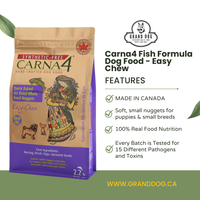 Carna4 Fish Formula Dog Food Easy Chew package with features listed on a white background with the Grand Dog Essentials logo and website www.granddog.ca