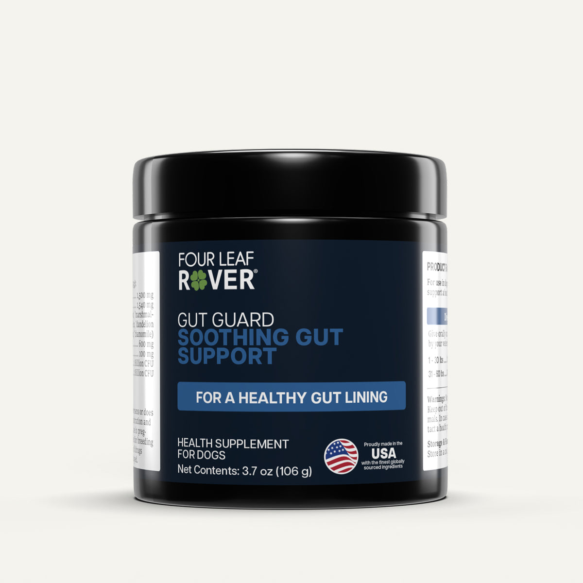 Four Leaf Rover gut health supplement for dogs on a white background