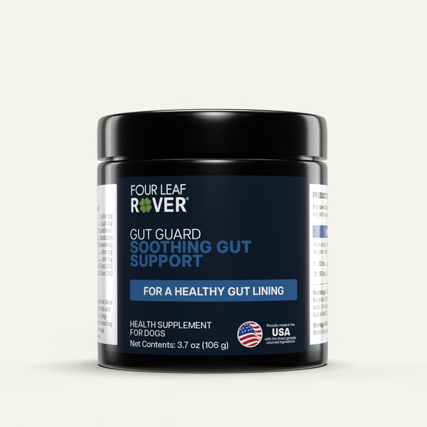 Four Leaf Rover gut health supplement for dogs on a white background