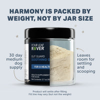 Dog supplement jar with text explaining weight packing and product details.