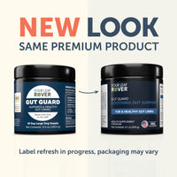 Two versions of a supplement container labeled 'Four Leaf Rover Gut Guard' with text indicating a new look and same premium product.