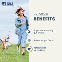 Woman running with a dog in a grassy field, with text about Gut Guard benefits on a white background.