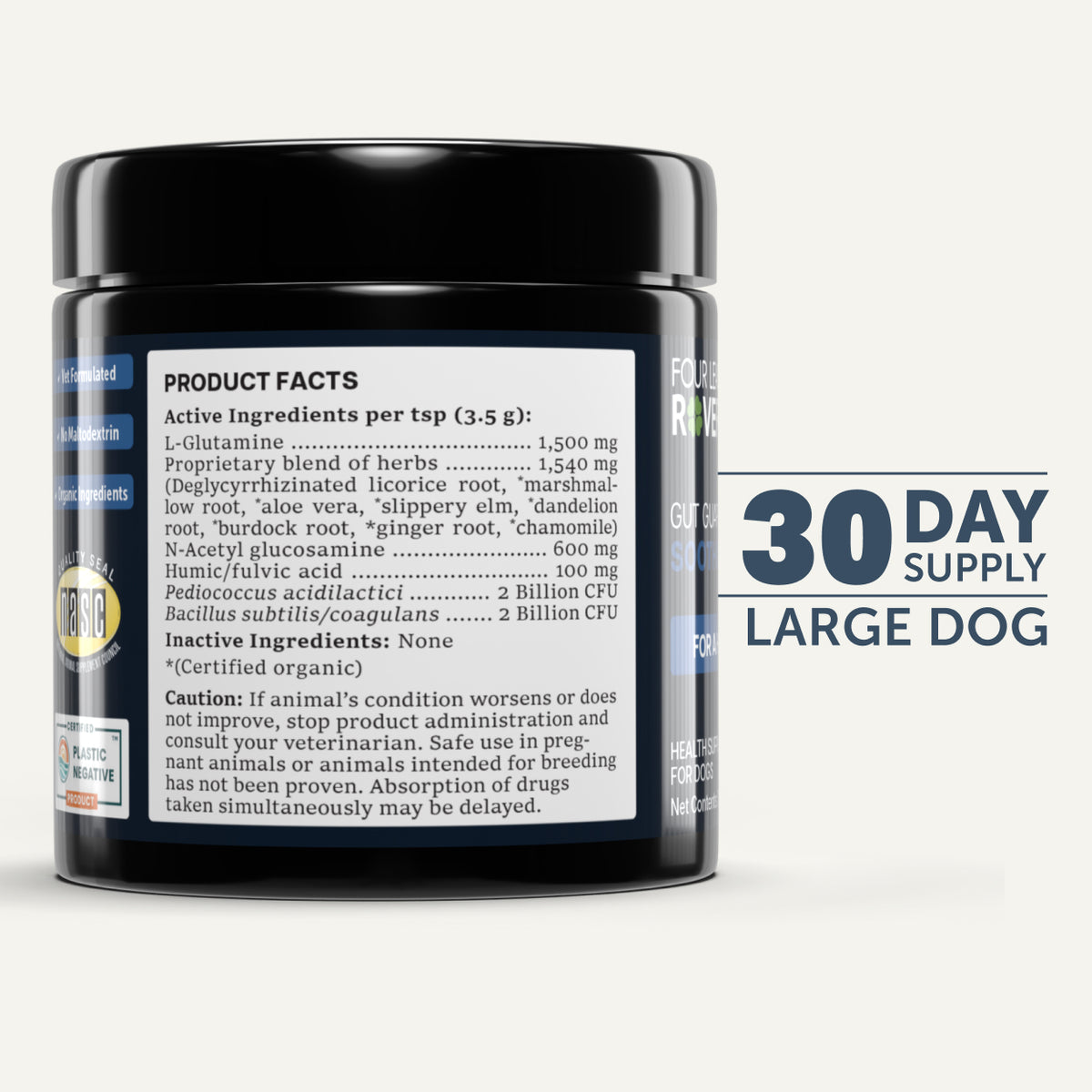 Supplement container for large dogs with label and text on a white background