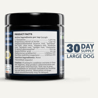 Supplement container for large dogs with label and text on a white background
