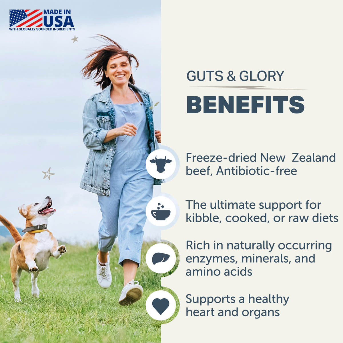 Woman running with a dog in a field, promoting 'Guts & Glory' pet food benefits.