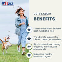 Woman running with a dog in a field, promoting 'Guts & Glory' pet food benefits.