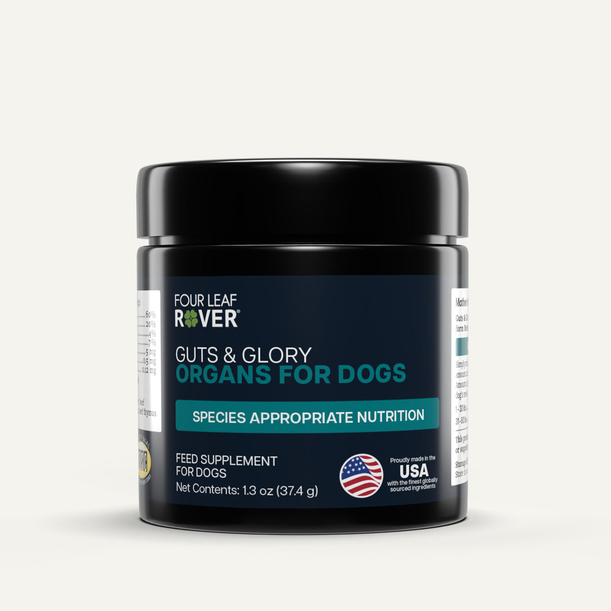 Supplement jar for dogs with 'Four Leaf Rover' branding on a white background