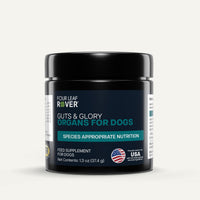 Supplement jar for dogs with 'Four Leaf Rover' branding on a white background
