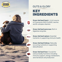 Person and dog sitting on a beach with NASC Guts & Glory supplement ingredients listed.