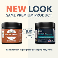 Two containers of 'Four Leaf Rover Guts & Glory' with text indicating a new look and same premium product.