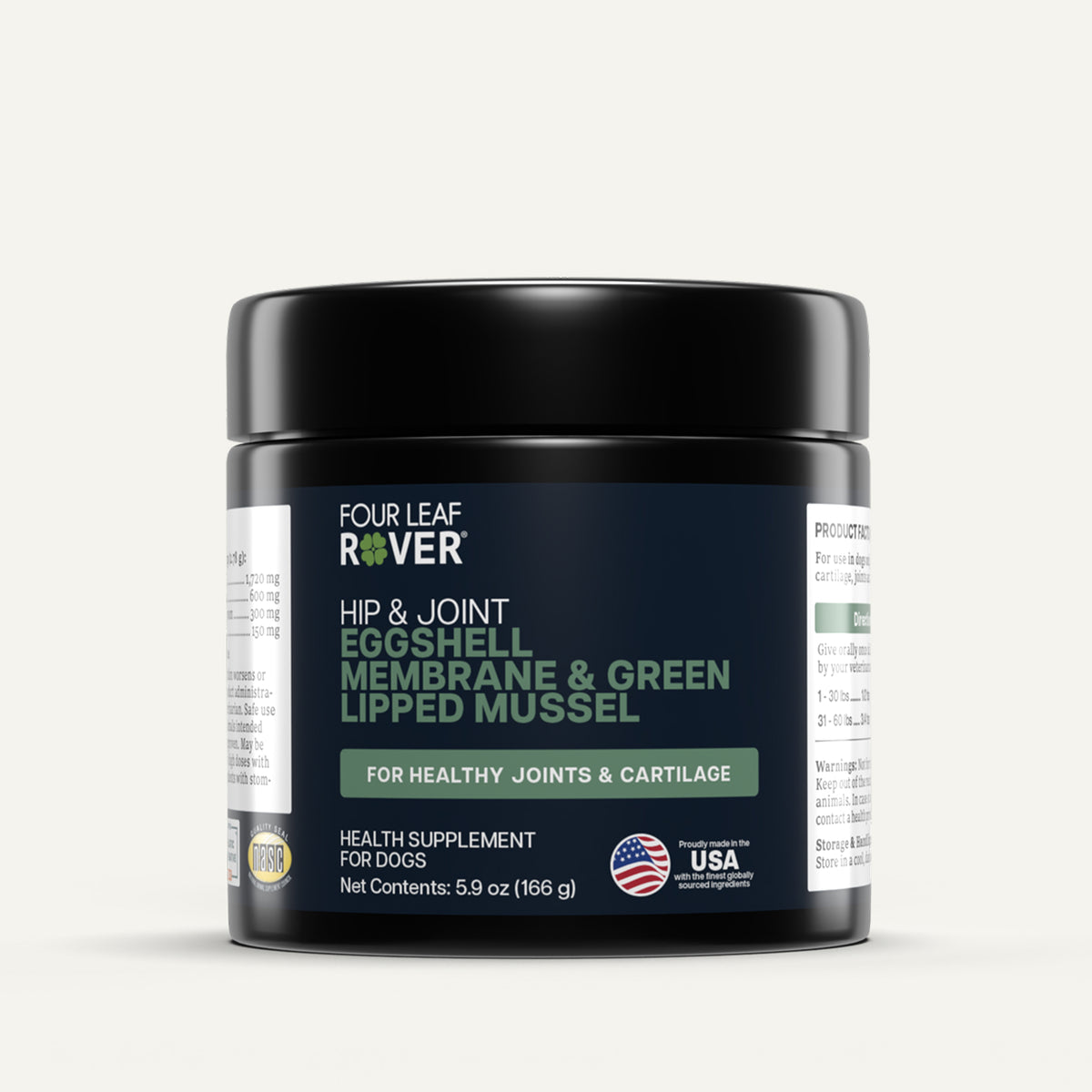 Four Leaf Rover hip and joint supplement for dogs with black lid and white label.