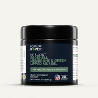 Four Leaf Rover hip and joint supplement for dogs with black lid and white label.