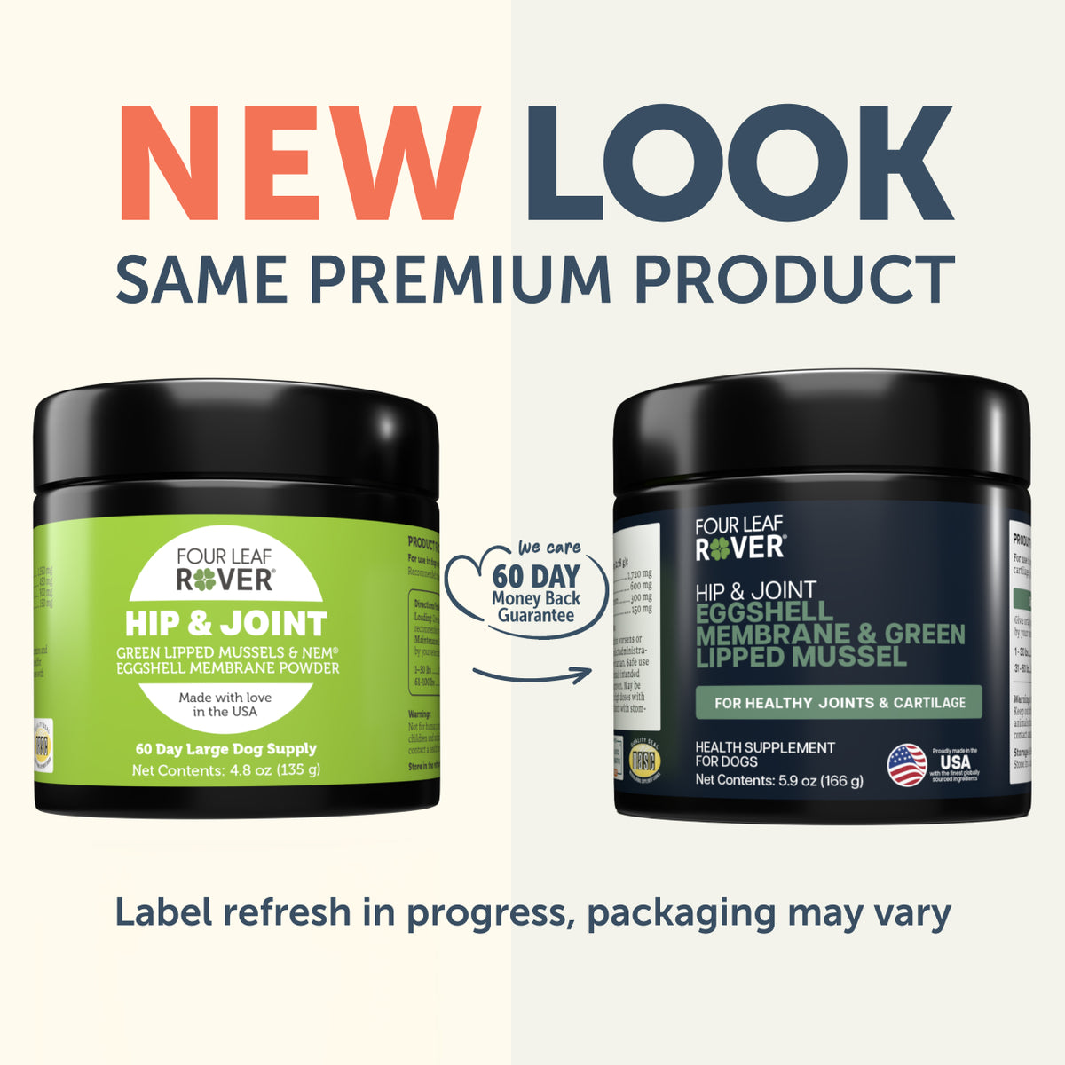 Two containers of Four Leaf Rover Hip & Joint supplement with text indicating a new look and same premium product.