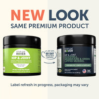 Two containers of Four Leaf Rover Hip & Joint supplement with text indicating a new look and same premium product.
