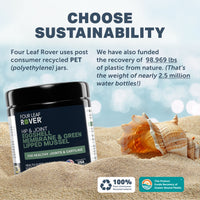Four Leaf Rover hip and joint supplement jar with beach background and sustainability text
