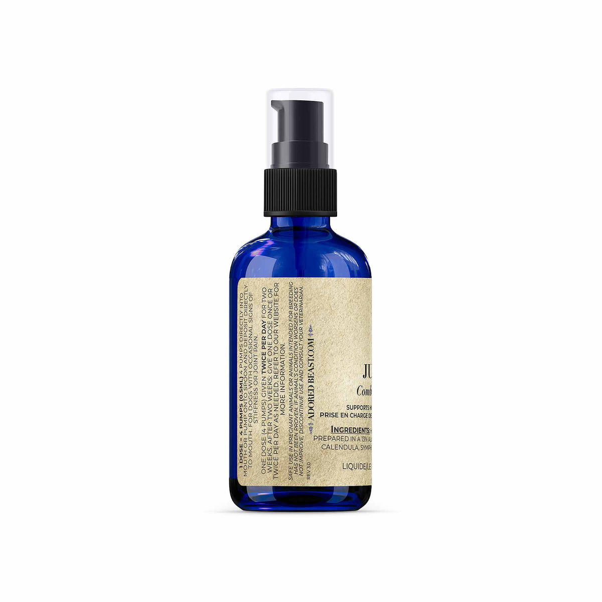 Blue spray bottle with a label on a white background