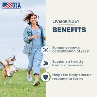 Woman running with a dog in a field, with text about oral health benefits on the right side.
