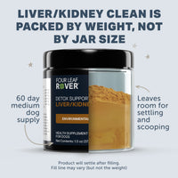 Four Leaf Rover liver/kidney clean supplement jar with text on a light blue background