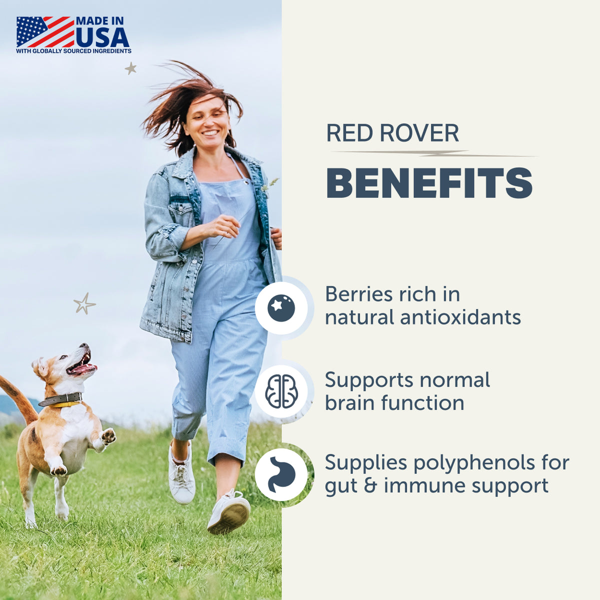 Promotional graphic for Red Rover dog supplement benefits, featuring a woman and a dog running in a grassy field on the left, and text listing benefits like berries rich in natural antioxidants, support for normal brain function, and supplies polyphenols for gut & immune support on the right.