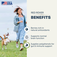 Promotional graphic for Red Rover dog supplement benefits, featuring a woman and a dog running in a grassy field on the left, and text listing benefits like berries rich in natural antioxidants, support for normal brain function, and supplies polyphenols for gut & immune support on the right.