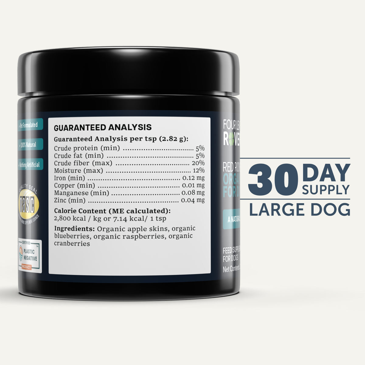 Black container of Four Rivers Pet Food with guaranteed analysis label on a white background