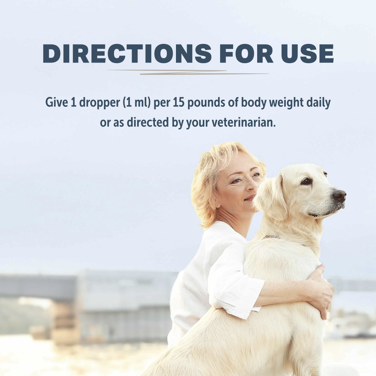 Woman holding a dog with directions for use text overlay on a light blue background