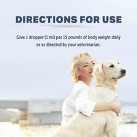 Woman holding a dog with directions for use text overlay on a light blue background