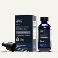 Four Leaf Rover Green Lipped Mussel Oil packaging and bottle on a white background