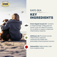 Person sitting on a beach with a dog, next to text about Safe-Sea key ingredients.