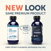 Two bottles of Safe-Sea and Green Lipped Mussel Oil with text indicating a new look and same premium product.