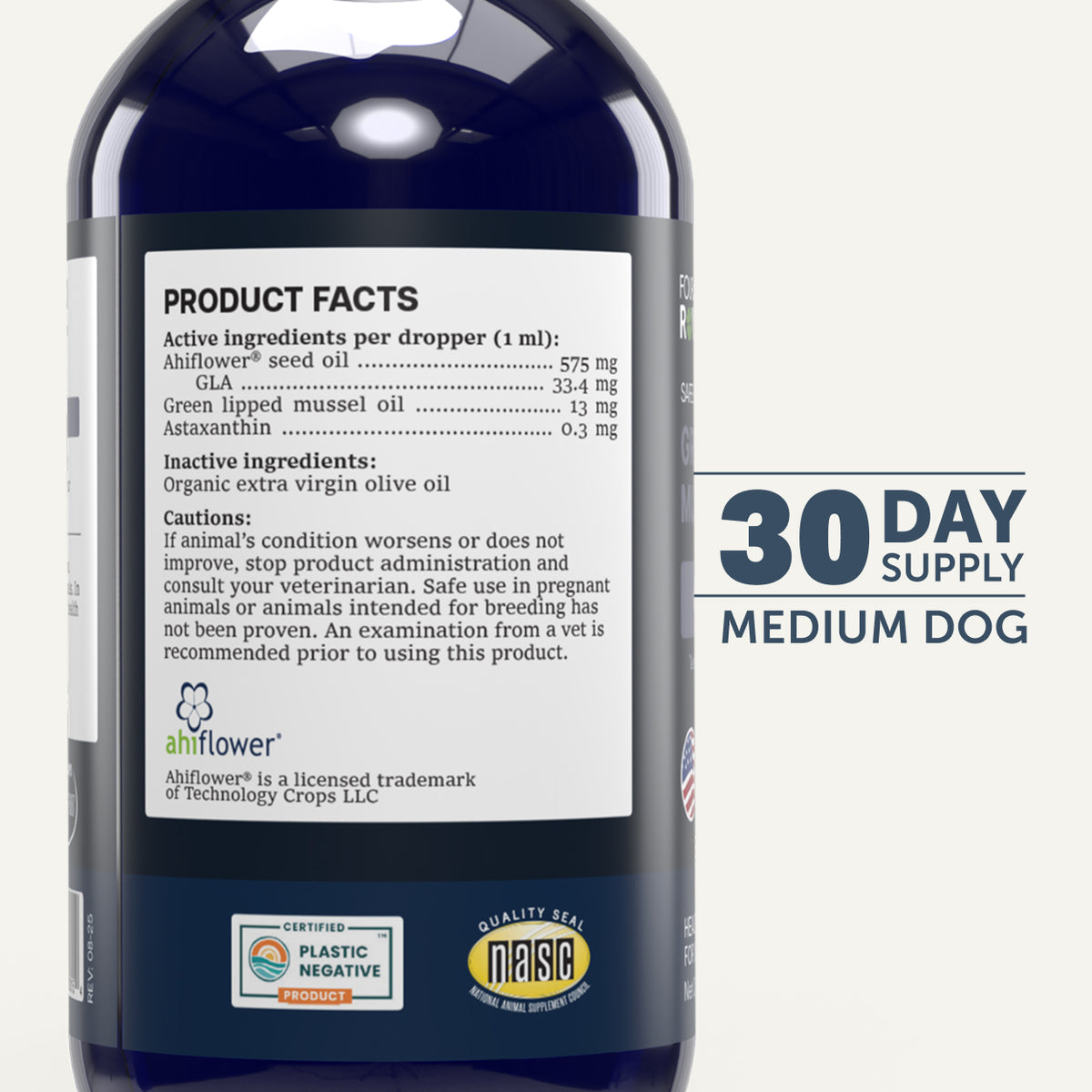 Bottle of a supplement with label details on a white background
