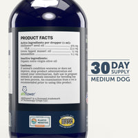 Bottle of a supplement with label details on a white background