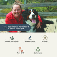 Woman in red shirt with a dog on a wooden deck, featuring Dr. Patricia Jordan DVM branding.