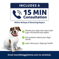 Graphic showing Animal Biome Doggy Biome Test Kit comes with a 15 minute consult with a vet