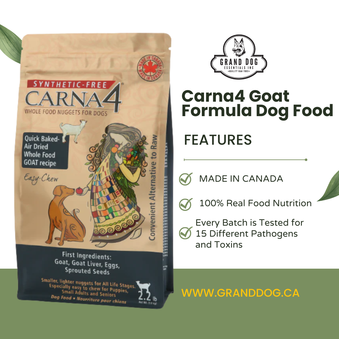 Graphic showing Carna4 Goat Formula Dog Food available at www.granddog.ca