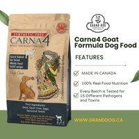 Graphic showing Carna4 Goat Formula Dog Food available at www.granddog.ca