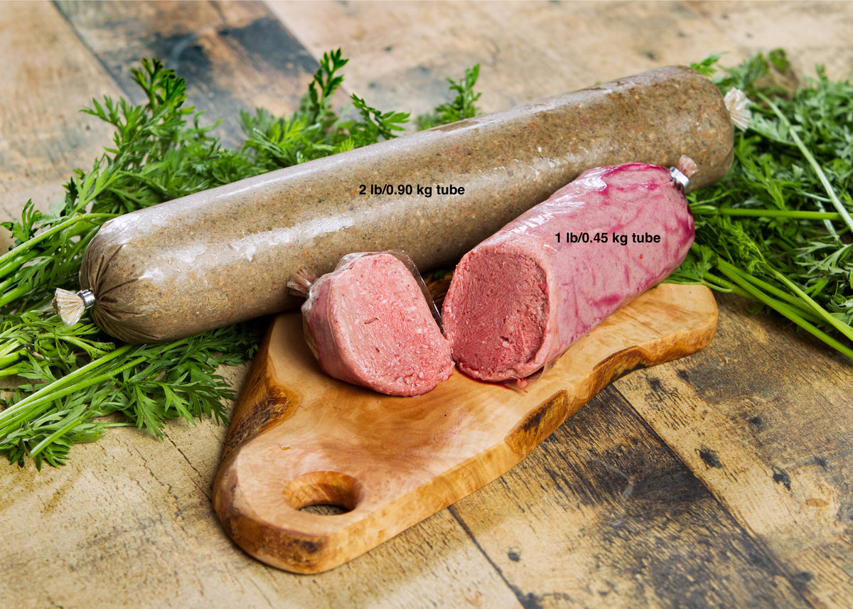 beef raw dog food shown in 1 lbs and 2 lbs tubes
